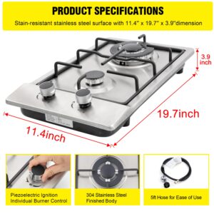 12" Gas Cooktops, 2 Burner Drop-in Propane/Natural Gas Cooker, 12 Inch Stainless Steel Gas Stove Top Dual Fuel Easy to Clean (12Wx20L)