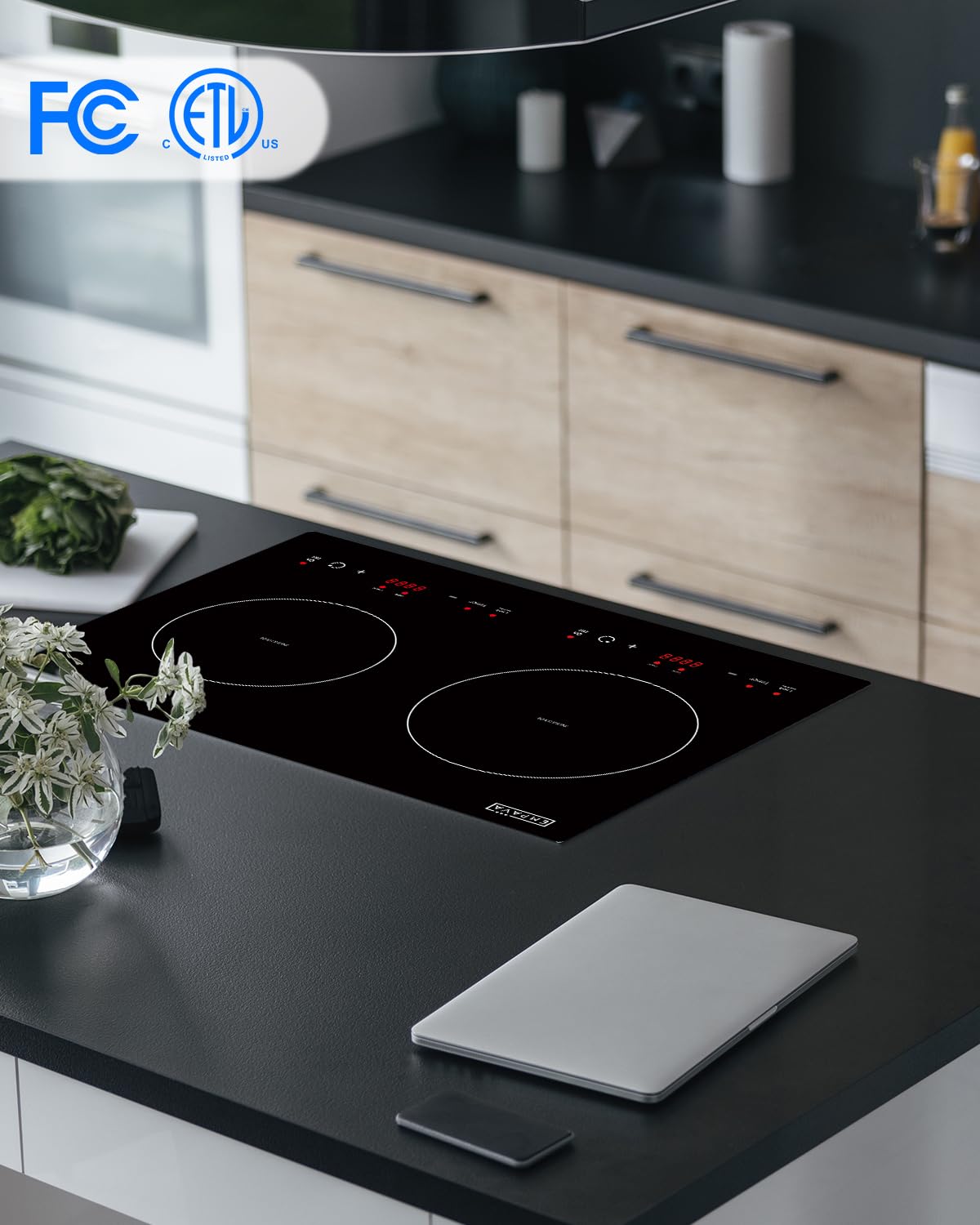 Empava Electric Induction Cooktop Stove with 2 Burners in Black Vitro Ceramic Smooth Surface Glass 120V, 12 Inch