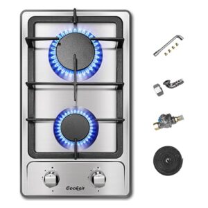 gas cooktop 2 burner, cooksir built in gas stovetop 12 inches, ng/lpg convertible stainless steel gas hob with flame out protection, for apartments, indoor use, 110v