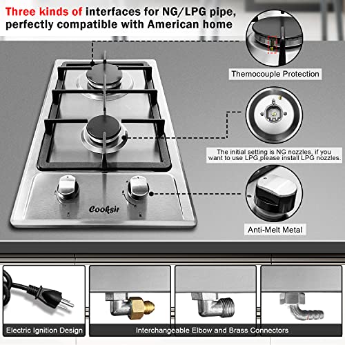 Gas Cooktop 2 Burner, Cooksir Built in Gas Stovetop 12 Inches, NG/LPG Convertible Stainless Steel Gas Hob with Flame Out Protection, for Apartments, Indoor Use, 110v