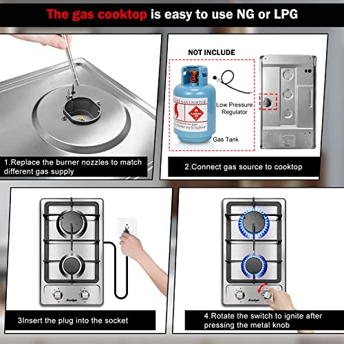 Gas Cooktop 2 Burner, Cooksir Built in Gas Stovetop 12 Inches, NG/LPG Convertible Stainless Steel Gas Hob with Flame Out Protection, for Apartments, Indoor Use, 110v