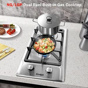 Gas Cooktop 2 Burner, Cooksir Built in Gas Stovetop 12 Inches, NG/LPG Convertible Stainless Steel Gas Hob with Flame Out Protection, for Apartments, Indoor Use, 110v