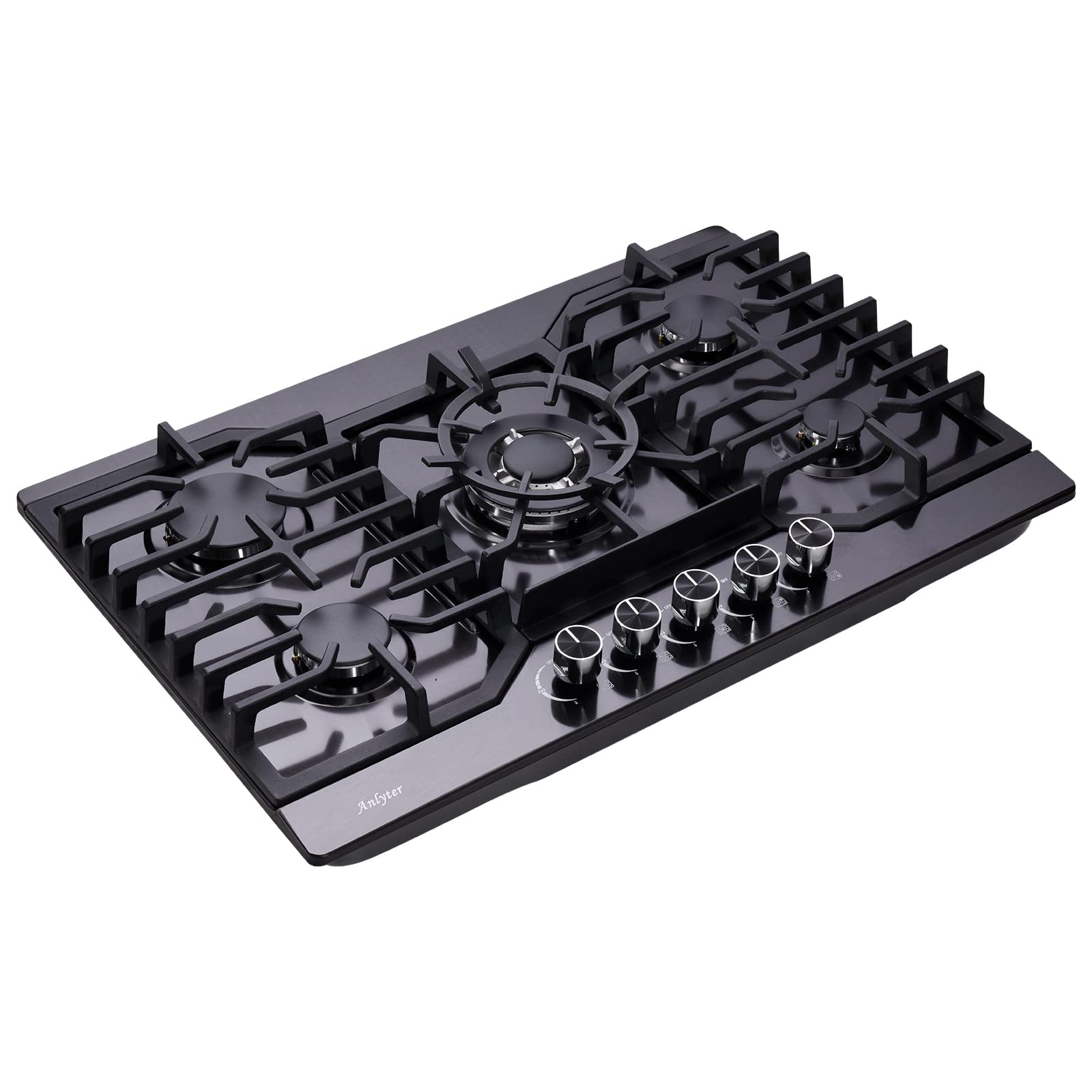 Anlyter 30 Inch Gas Cooktop, 5 Burners Built-in Stove Top Stainless Steel (Thermocouple Protection), LPG/NG Convertible Stove Dual Fuel Sealed Gas Hob - Black