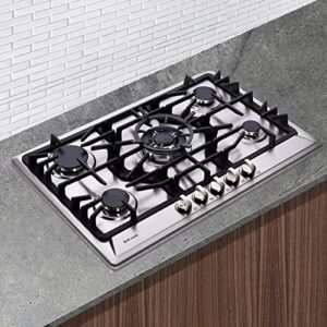 30 Inch Gas Cooktop, Built-in Stainless Steel 5 Burners Gas Stovetop LPG/NG Convertible Gas Stove Top Dual Fuel Gas Hob DM527-SC02