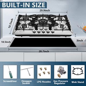 30 Inch Gas Cooktop, Built-in Stainless Steel 5 Burners Gas Stovetop LPG/NG Convertible Gas Stove Top Dual Fuel Gas Hob DM527-SC02