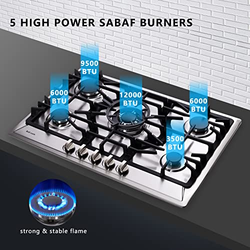 30 Inch Gas Cooktop, Built-in Stainless Steel 5 Burners Gas Stovetop LPG/NG Convertible Gas Stove Top Dual Fuel Gas Hob DM527-SC02