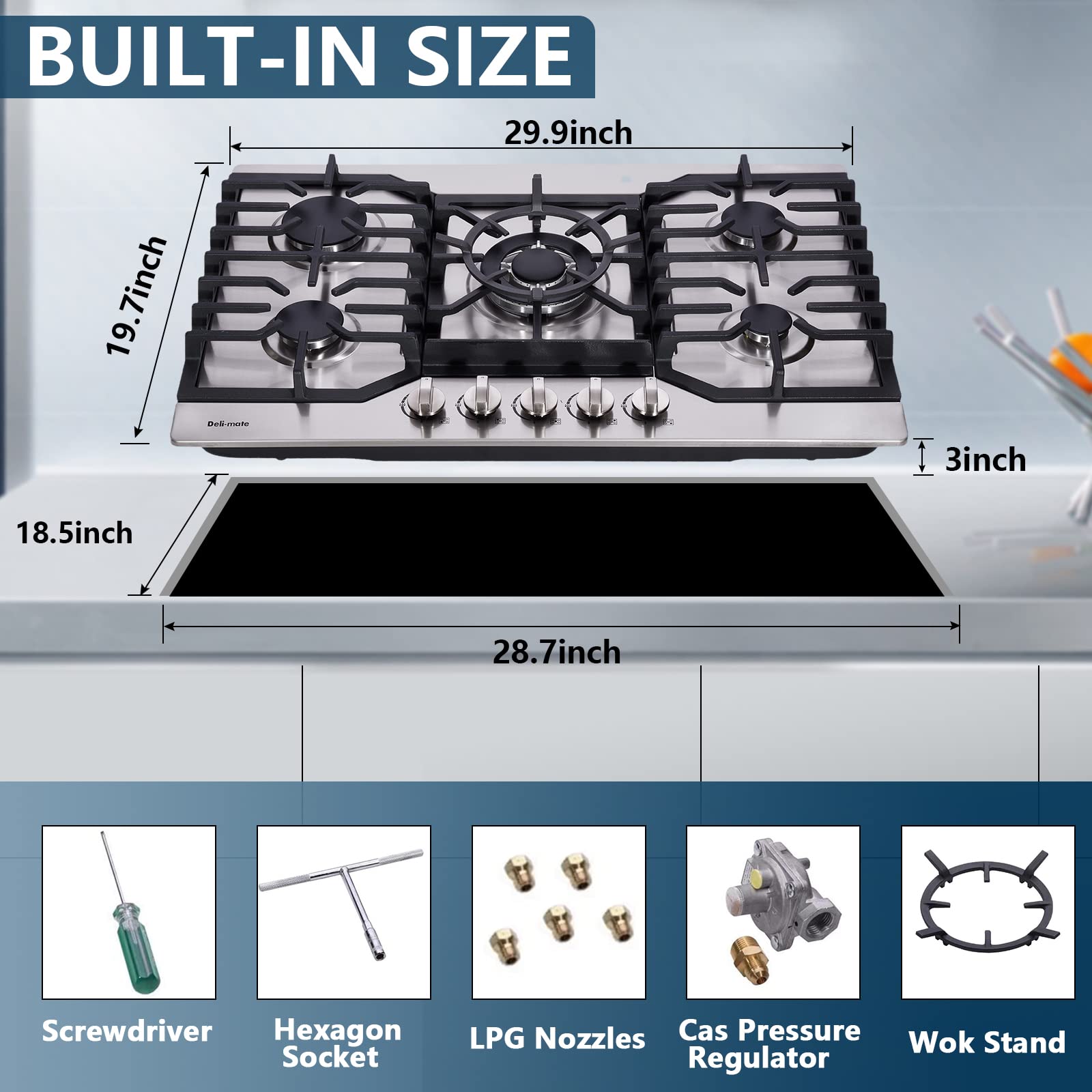 30 Inch Gas Cooktop, Stainless Steel Built-in 5 Burners Gas Stovetop LPG/NG Convertible Gas Stove Top Dual Fuel Gas Hob DM527-05