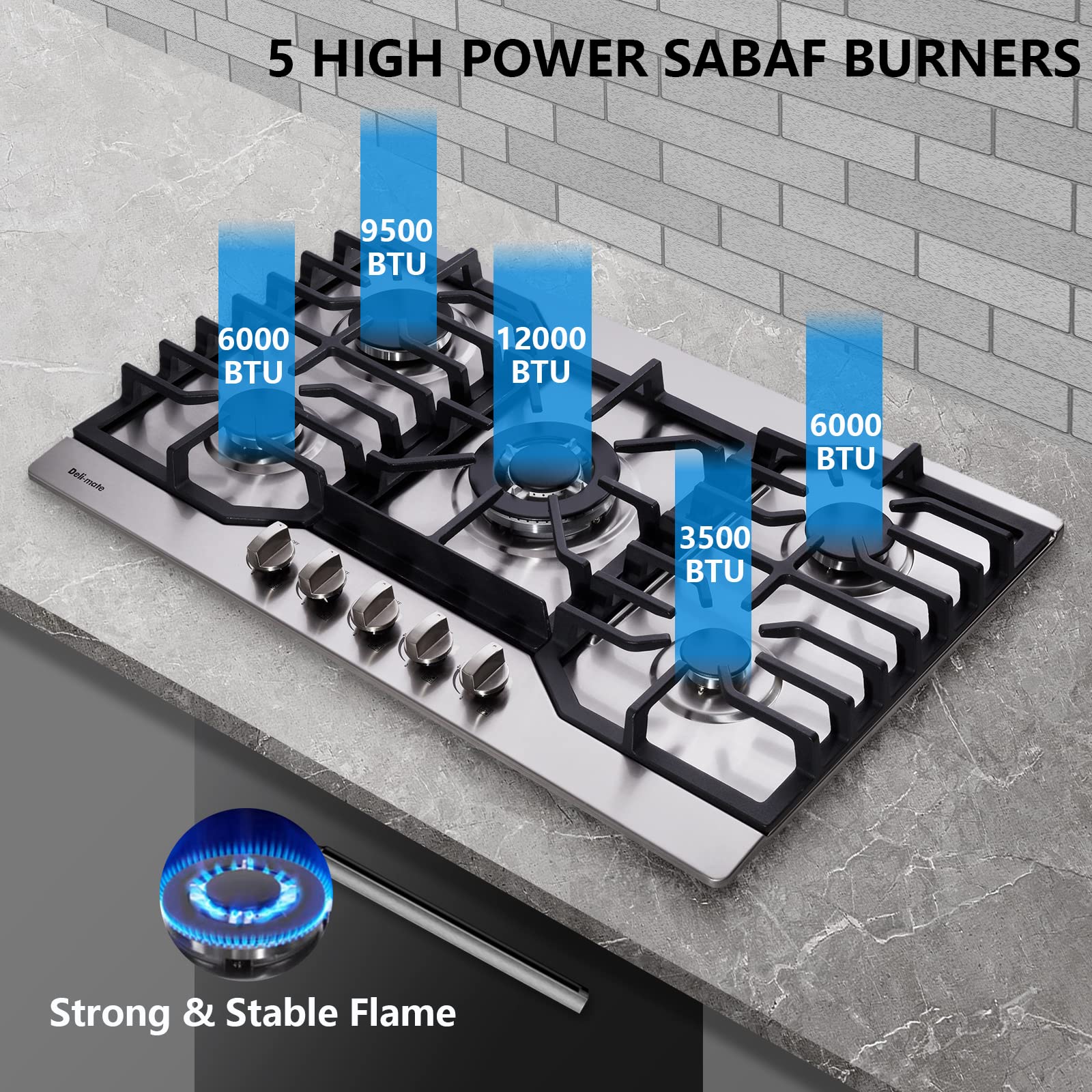 30 Inch Gas Cooktop, Stainless Steel Built-in 5 Burners Gas Stovetop LPG/NG Convertible Gas Stove Top Dual Fuel Gas Hob DM527-05