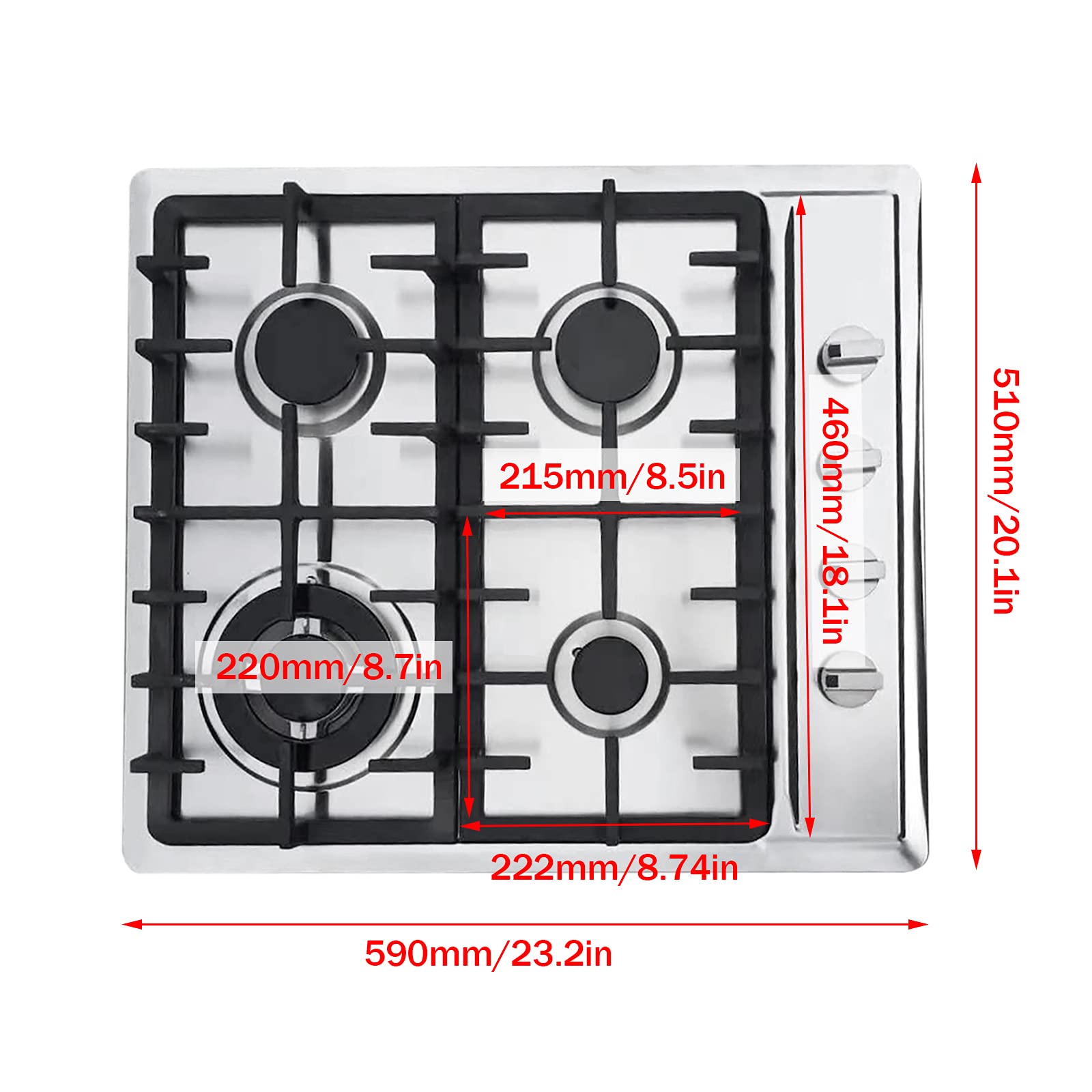 BEYANEE Built-In Gas Cooktop, 4-Hole Built-In Gas Cooktop, 23-Inch 4-Burner Gas Cooktop, Easy-Clean Gas Cooktop for Kitchen with Electric Ignition and Flame-Out System