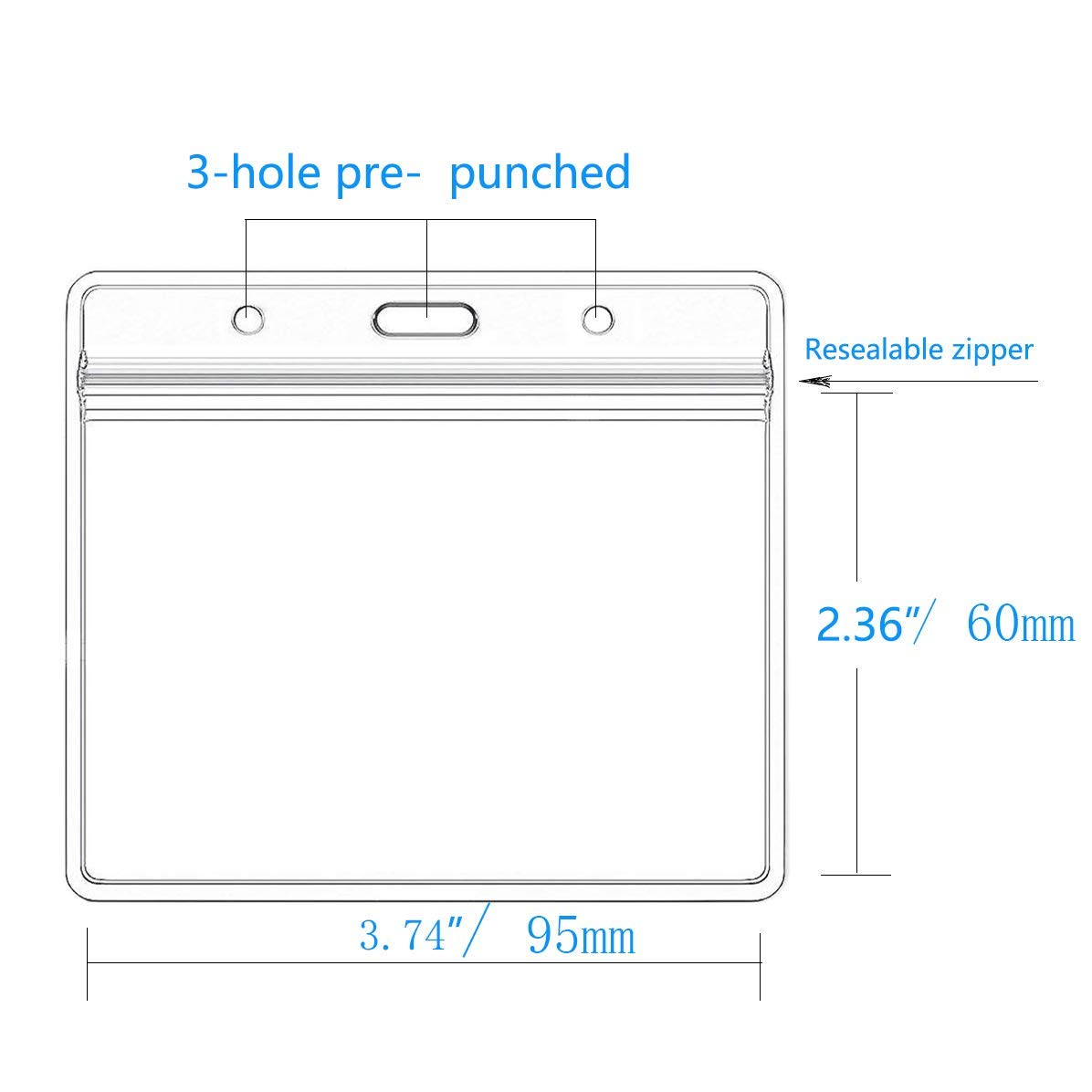 Horizontal Name Tag Holders and Metal Badge Clips with Vinyl Strap Waterproof PVC ID Card Holder (Horizontal 2.36x3.74 3PACK)
