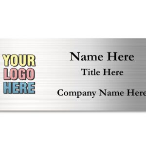 Custom Name Tag with Logo - Personalized Name Badge with Magnet Backing - Choose Your Size and Color (Silver Metal 3"x1.25" - Logo on Left)