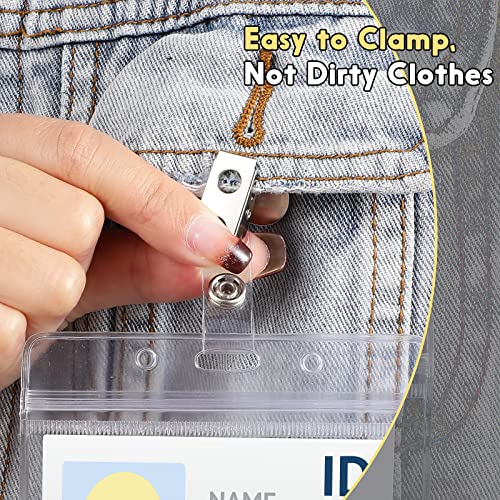 150 Sets Clip on Name Tag Clear Name Badge with Clip Waterproof PVC ID Badge Holder Transparent Name Tag Holder with Resealable Zipper Seal and Metal Badge Clip for Teacher Student Worker