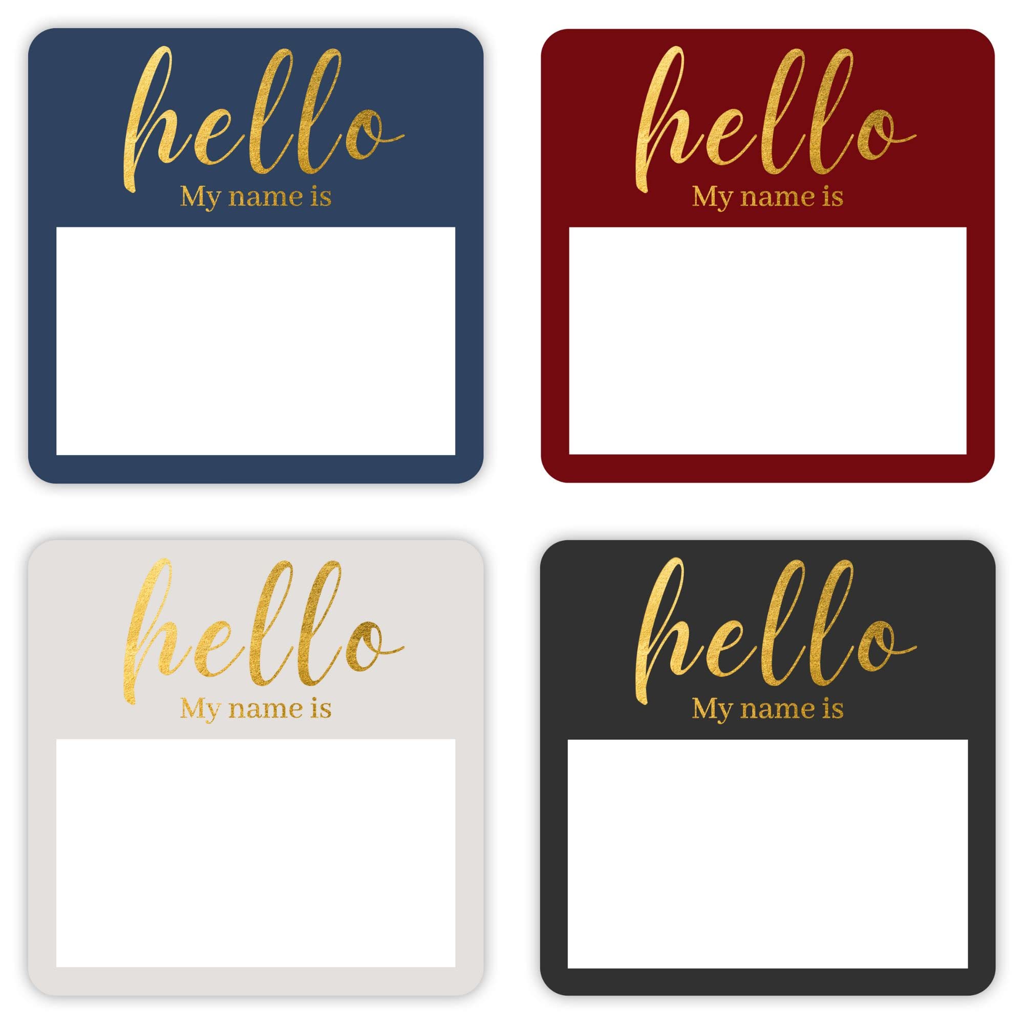 Mobiusea Creation Hello My Name is Name Tag | Gold Foil | Perforated 2.5 x 2.5 Inch Large Name Labels Roll | Black, Blue, Red and Grey |100pcs Name Stickers Name Badge for Business and Conference