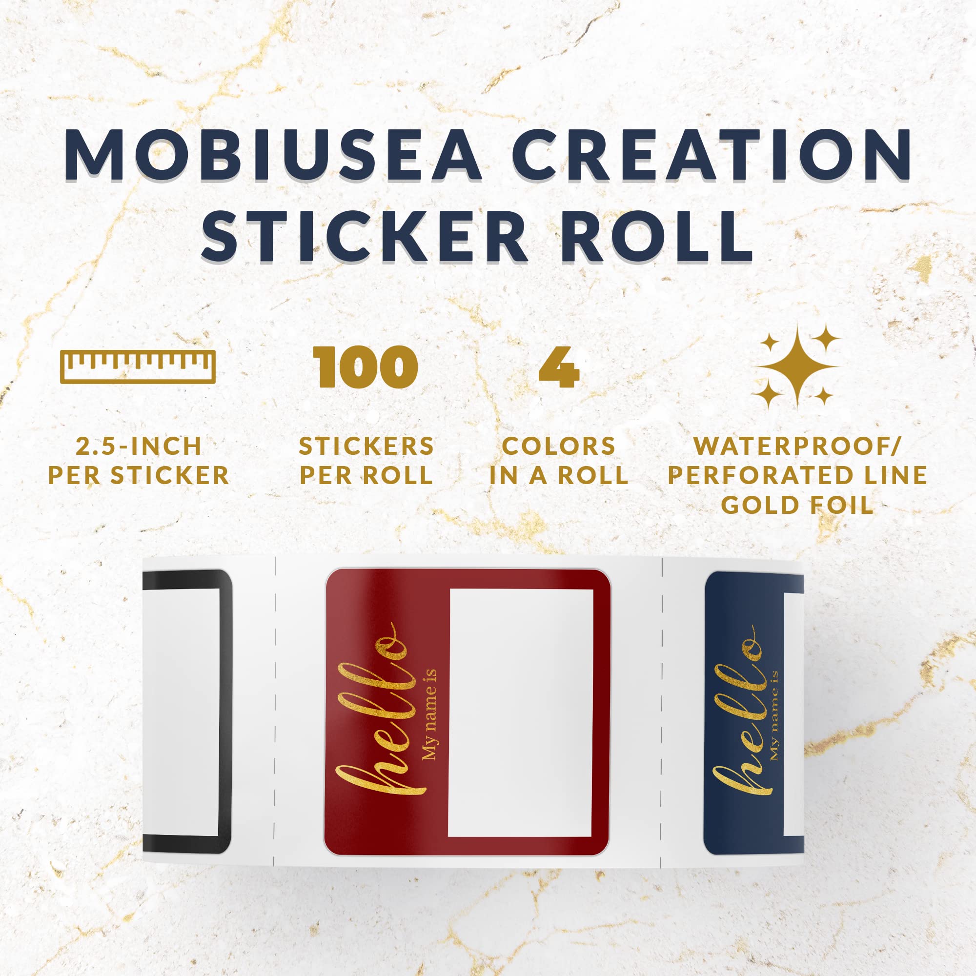 Mobiusea Creation Hello My Name is Name Tag | Gold Foil | Perforated 2.5 x 2.5 Inch Large Name Labels Roll | Black, Blue, Red and Grey |100pcs Name Stickers Name Badge for Business and Conference