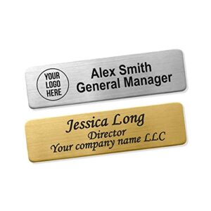 custom engraved name tag badges identification personalized with text & logos, metal name id for clothing brushed with pin or magnetic backing, gold & silver plates with for business or employees