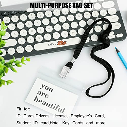 100Pcs Clear Plastic Horizontal Name Tags Badge ID Card Holders and 100Pcs Black Lanyards with Clip lanyards for id Badges (Black)