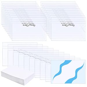 Anjmd 50 Pcs Plastic Name Tags Name Badge Holders Clear Plastic Horizontal Name Badge Soft Name Holders with Pins ID Card Holders with 50Pcs Inserts Fit Card (3.58 x 2.4 inch)