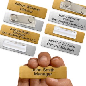 custom engraved name tag badges identification personalized with pin or magnetic backing, metal name id for clothing brushed gold & silver plates with black letters for business or employees