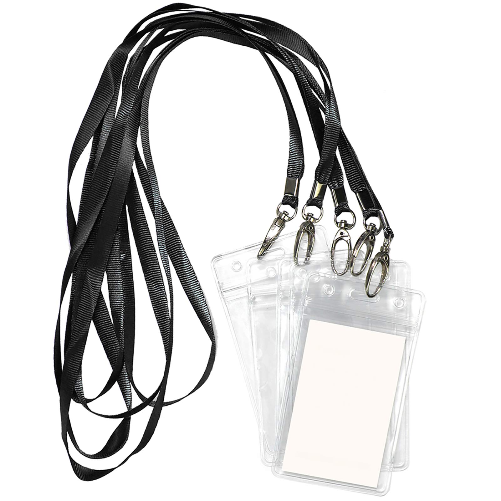 Lanyard with ID Holder 50 Pcs Waterproof Name Tag Vertical Badge ID Card Holders ID Pass Holder and 50 Pcs Flat Neck Black Lanyards Swivel Hook