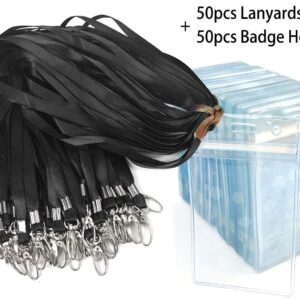 Lanyard with ID Holder 50 Pcs Waterproof Name Tag Vertical Badge ID Card Holders ID Pass Holder and 50 Pcs Flat Neck Black Lanyards Swivel Hook