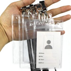 Lanyard with ID Holder 50 Pcs Waterproof Name Tag Vertical Badge ID Card Holders ID Pass Holder and 50 Pcs Flat Neck Black Lanyards Swivel Hook