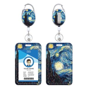 badge holder, retractable badge reel with carabiner belt clip and key ring, name tag work badge clip vertical id card holder for name card (art night painting)