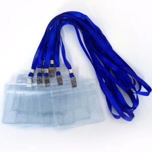 50pack name tags badge holder with lanyard horizontal waterproof plastic id card holder lanyards nametags for desks kids school business trade event name tag lanyards badge holders (nylon blue)