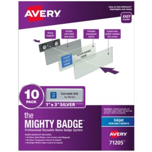 The Mighty Badge by Avery, 1" x 3" Silver Name Tags, 10 ID Badges, 80 Inserts for Inkjet Printers (71205)