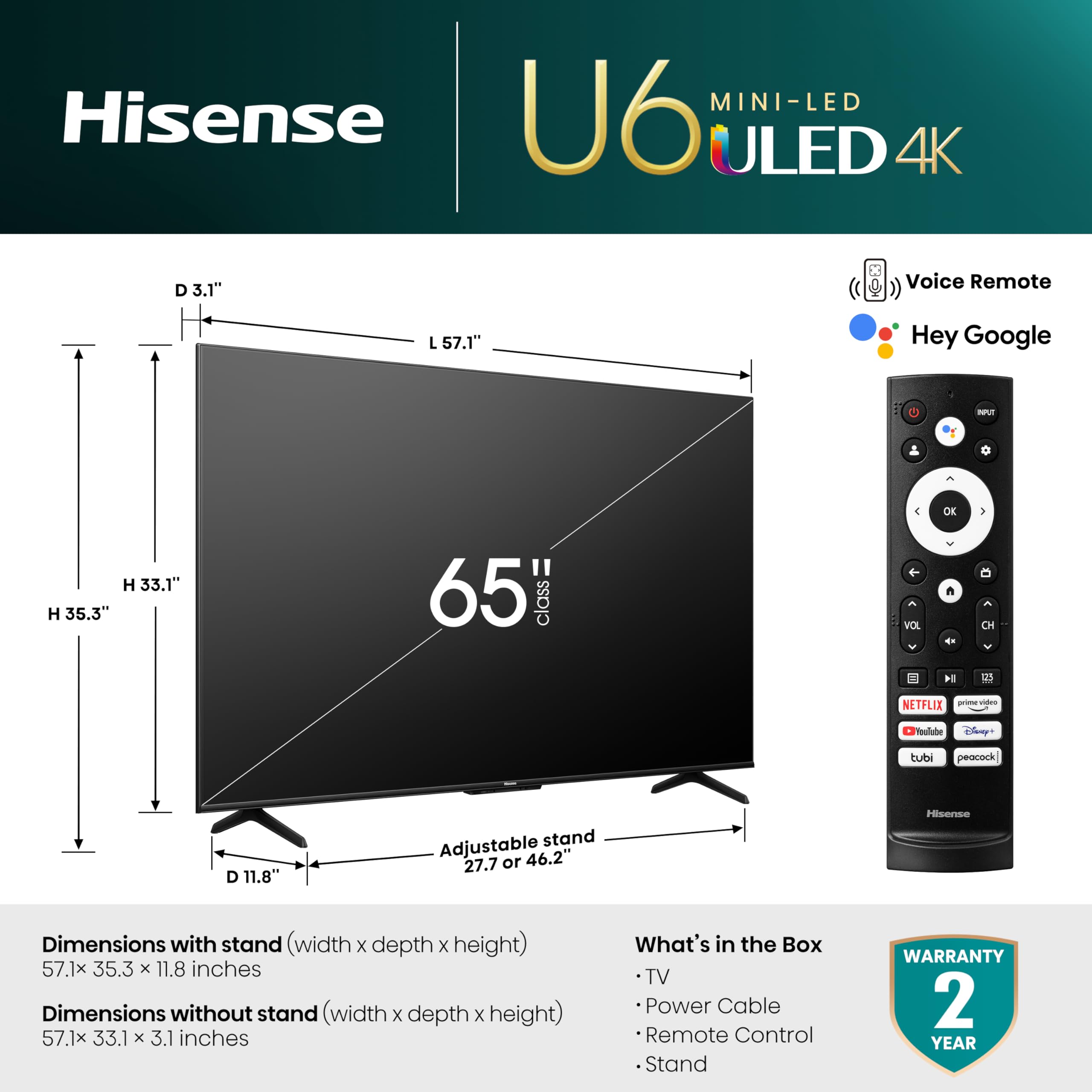 Hisense 65-Inch Class U6 Series Mini-LED ULED 4K UHD Google Smart TV (65U6K) - QLED, Full Array Local Dimming, Dolby Vision IQ，HDR 10+, VRR Game Mode Plus, 240 Motion Rate, Alexa Compatibility