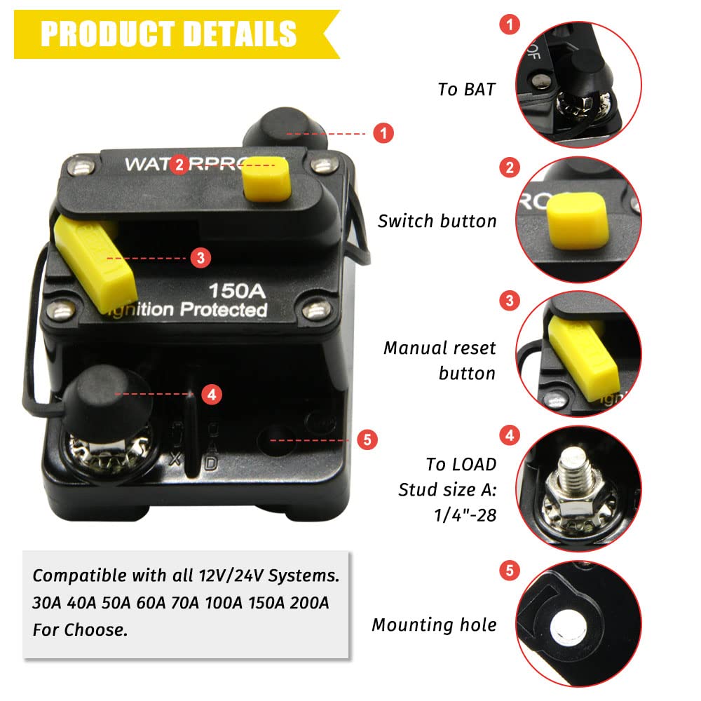 150 Amp Circuit Breaker amp Breakers with Switch Manual Reset for Boat Marine RV Yacht Battery Trailer Bus Truck, 12V- 48V DC, Waterproof (150A)