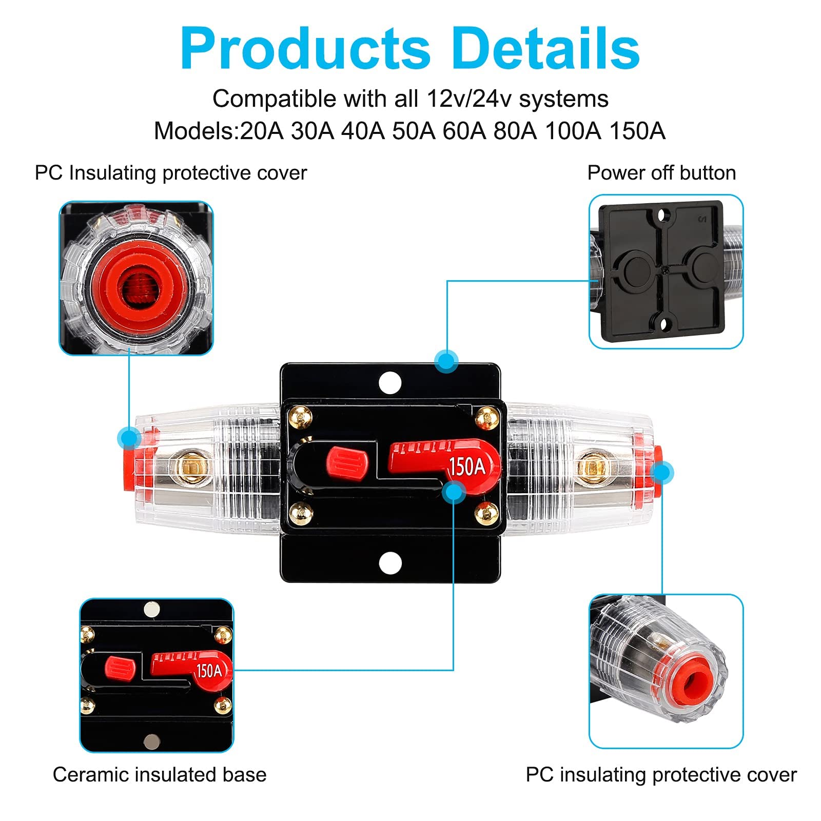 150 Amp Audio Circuit Breaker,12V-24V DC Fuse Holder,20-300A Breaker Switch,Inline Circuit Breaker with Reset Button,for Automotive Marine Boat Audio System Current Overload Protection