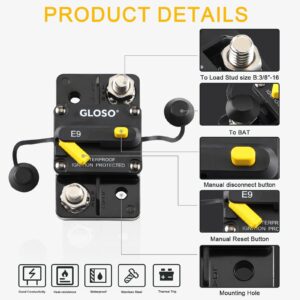 GLOSO Circuit Breaker Extended Surface Mount Hi-Amp Circuit Breaker 3/8" Diagonal Stud Waterproof IP67 Marine RV Truck (150A) E93