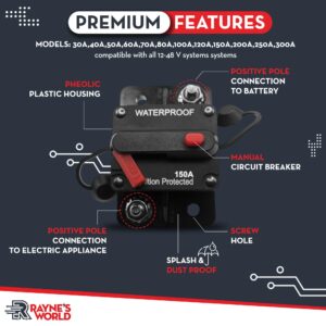 Rayne's World 150 Amp 12V-48V DC Waterproof Circuit Breaker Manual Reset - Great for Car Stereo, Solar Power Systems, Automotive, ATV, Marine, Boat Trolling Motors