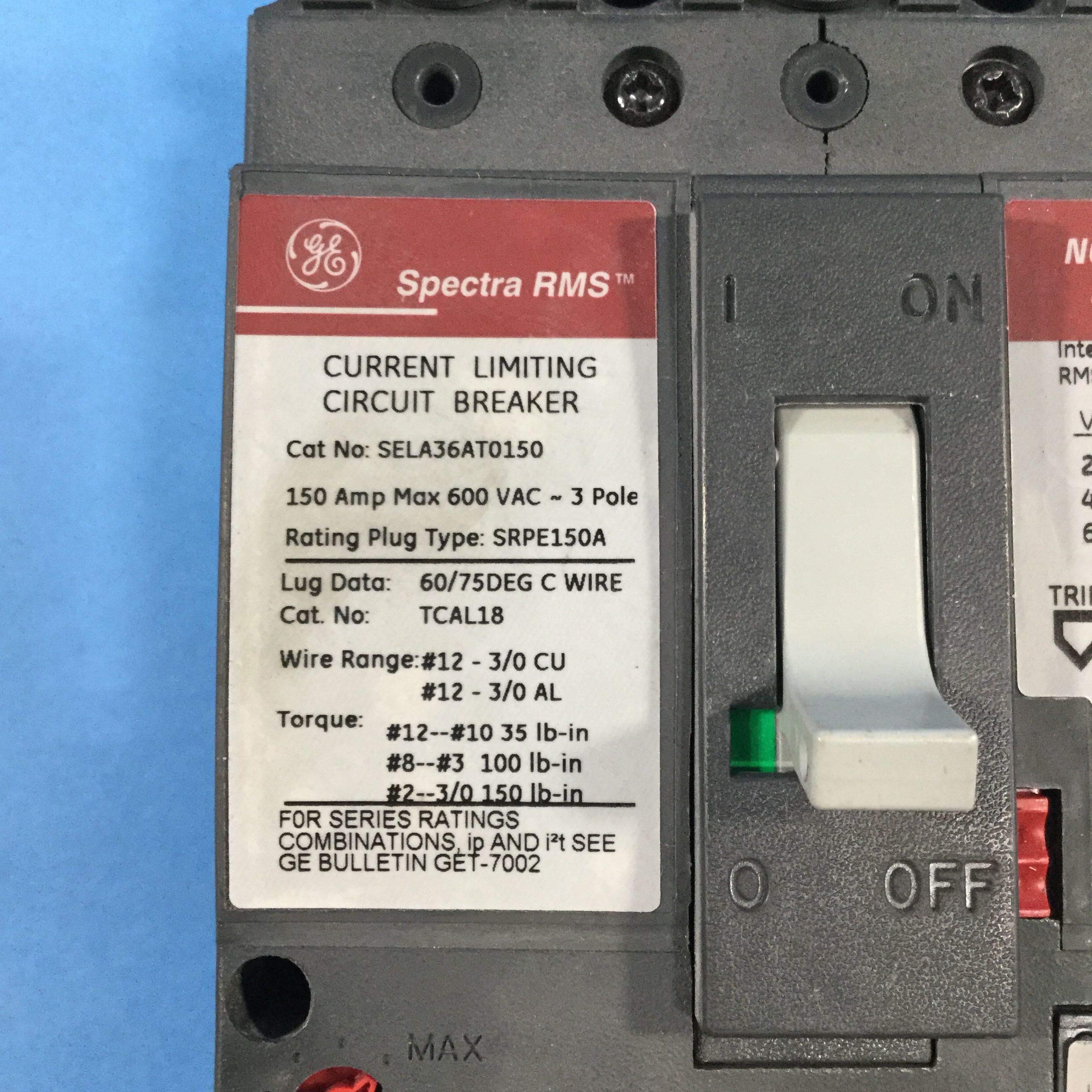 GE SELA36AT0150 Bolt-On Mount Type SEL Molded Case Circuit Breaker 3-Pole 150 Amp 600 Volt AC Spectra RMS