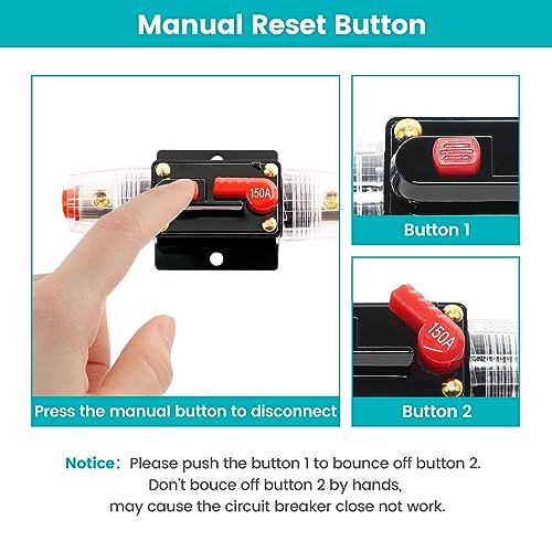 NuIth 150 AMP Circuit Breaker with Manual Reset, 4-12 AWG 150A Inline Circuit Breaker with Wire Lugs and Heat Shrink Tube 12-24V for Marine Car Audio System Home Truck