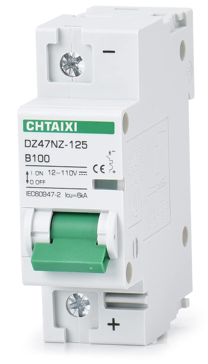 Chtaixi 12V-110V DC Miniature Circuit Breaker, 100 Amp 1 Pole Battery Breaker Protector for Solar PV System and RV, Thermal Magnetic Trip, DIN Rail Mount, High Current DC Disconnect Switch MCB 1P B100