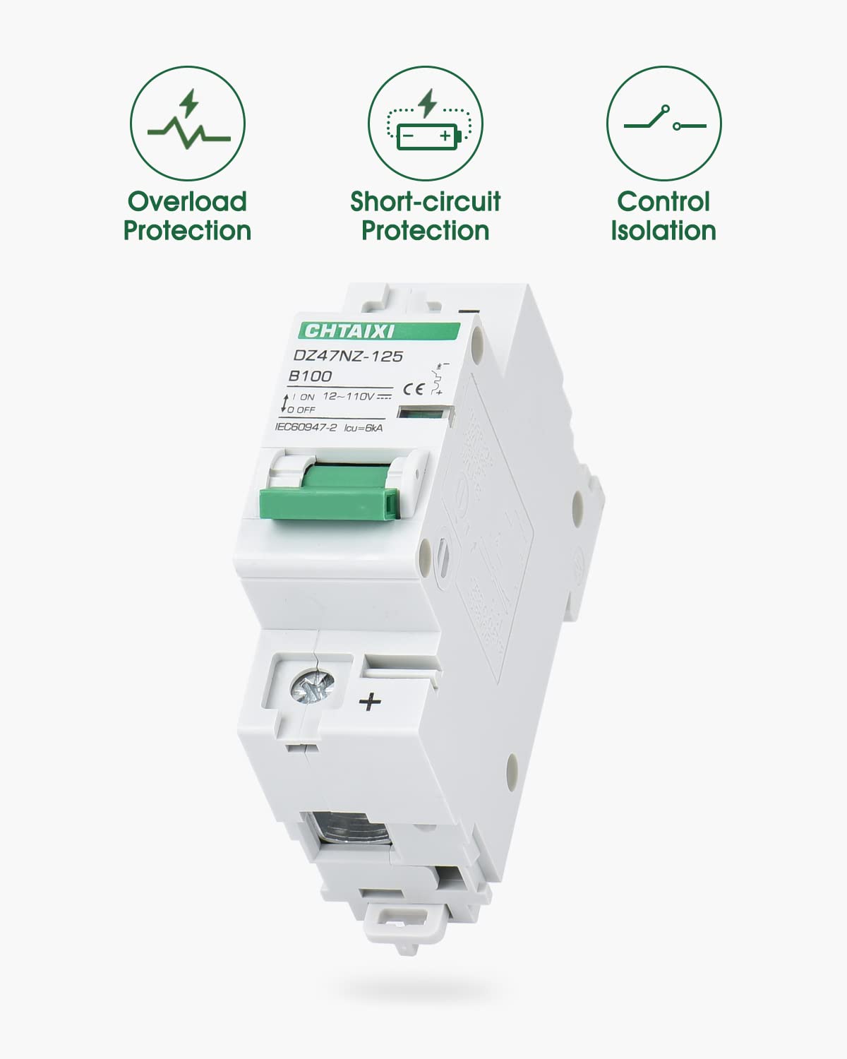 Chtaixi 12V-110V DC Miniature Circuit Breaker, 100 Amp 1 Pole Battery Breaker Protector for Solar PV System and RV, Thermal Magnetic Trip, DIN Rail Mount, High Current DC Disconnect Switch MCB 1P B100