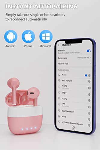 Wireless Earbuds Bluetooth, ENC Noise Cancelling Deep Bass in-Ear Stereo Ear Buds,IPX6 Waterproof Headphones with Mic, USB-C Charging Case, Touch Control Earphones for iPhone & Android(Pink 2)