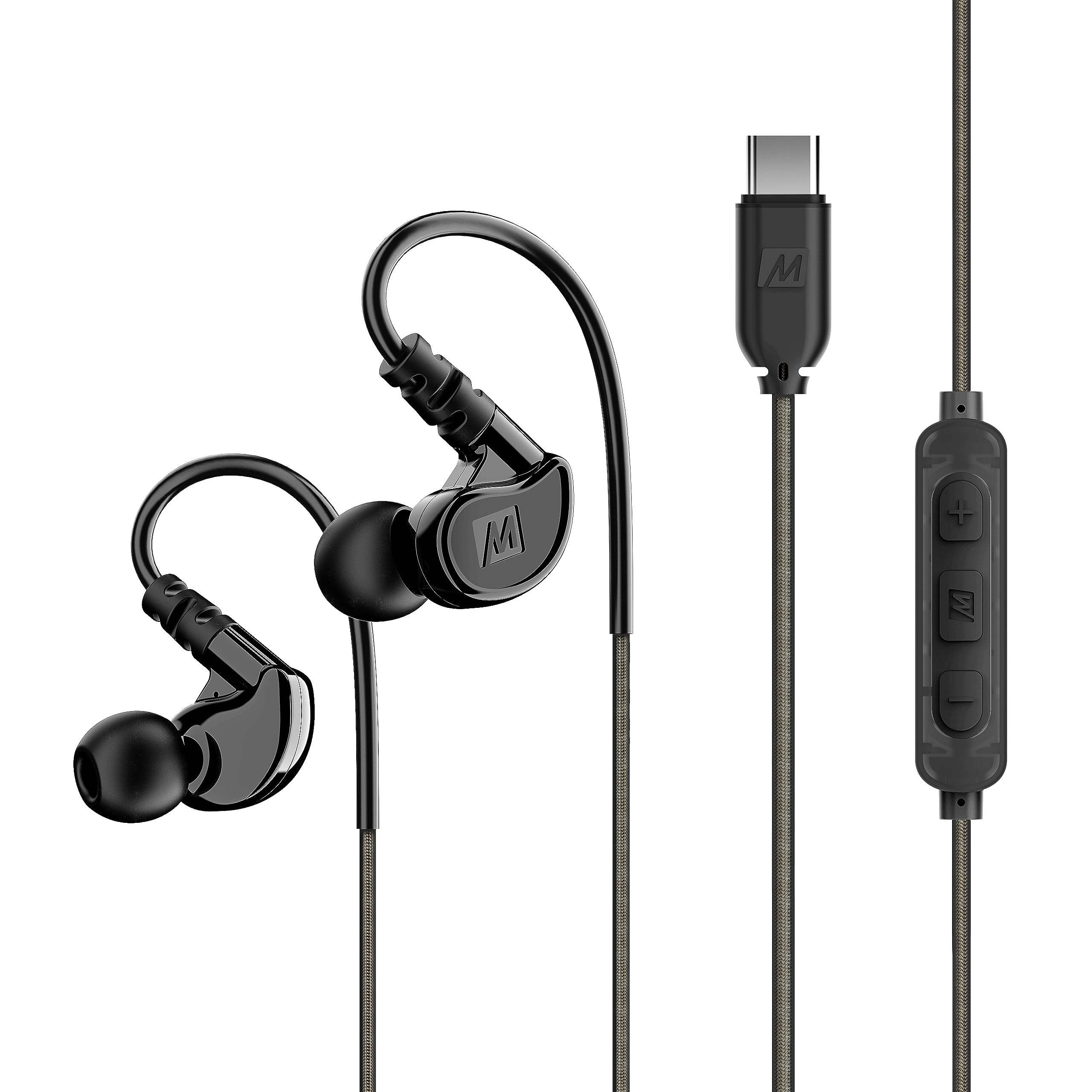 MEE audio M6 Sport USB-C Wired Earbuds with Memory Wire Earhooks, Headset with Mic & 3-Button Remote for iPhone 15, iPad, Other USB Type C Devices; in Ear Headphones for Running/Gym/Workouts, Black