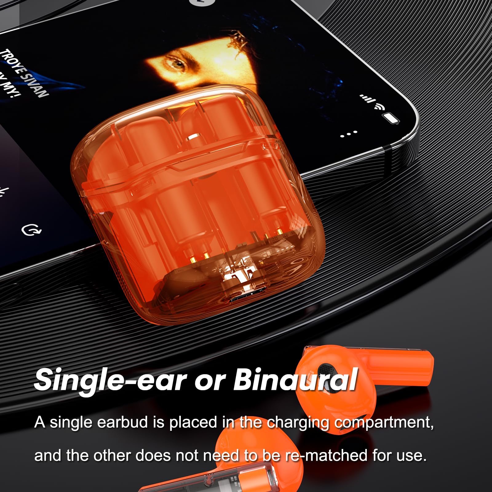 True Wireless Earbuds Bluetooth in Ear Headphones for iPhone Android Transparent Blue Tooth 5.3 Ear Buds Deep Bass TWS Wireless Earphones with Microphone Cordless Earbud with Charging Case Orange