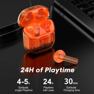 True Wireless Earbuds Bluetooth in Ear Headphones for iPhone Android Transparent Blue Tooth 5.3 Ear Buds Deep Bass TWS Wireless Earphones with Microphone Cordless Earbud with Charging Case Orange