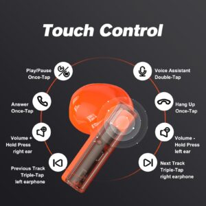 True Wireless Earbuds Bluetooth in Ear Headphones for iPhone Android Transparent Blue Tooth 5.3 Ear Buds Deep Bass TWS Wireless Earphones with Microphone Cordless Earbud with Charging Case Orange