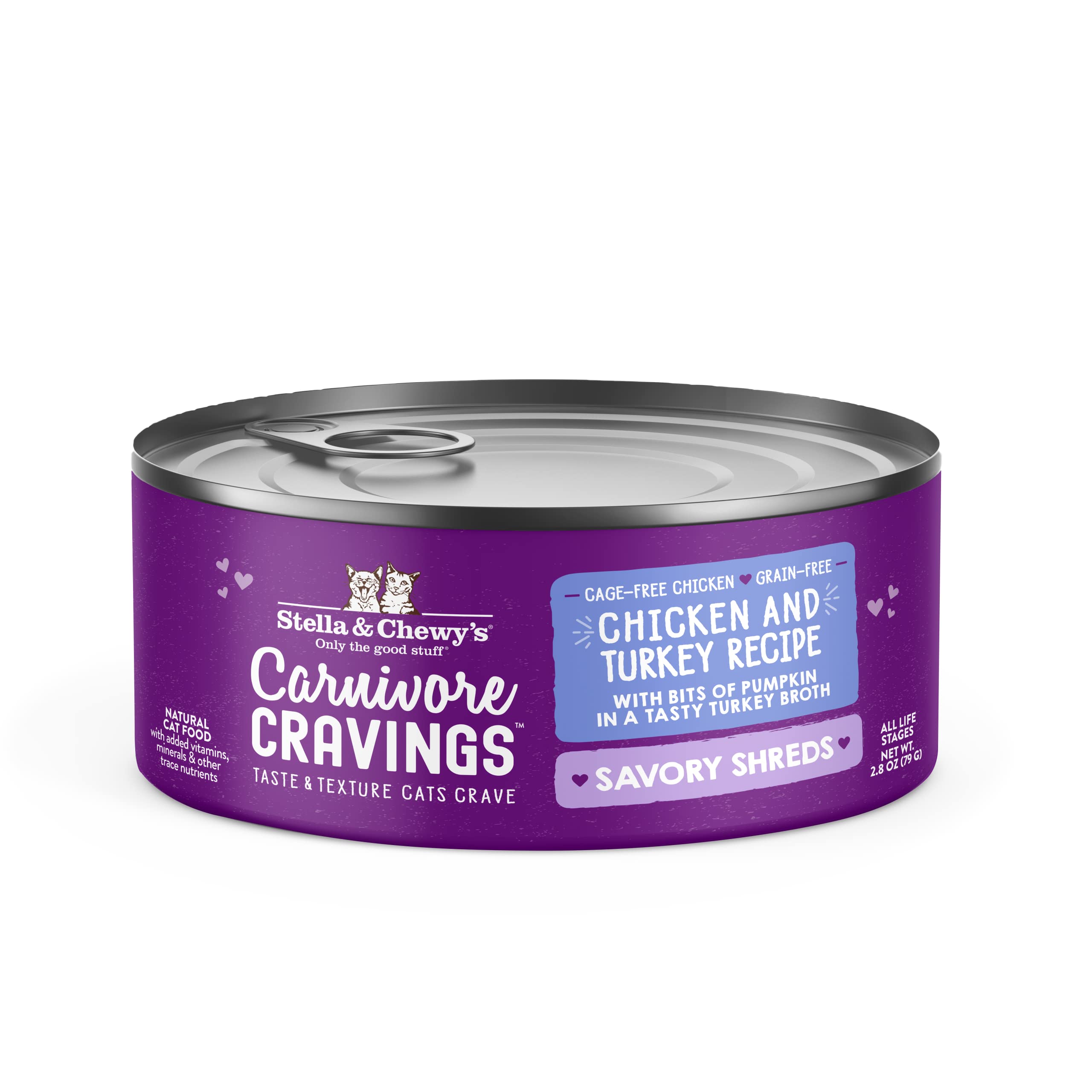 Stella & Chewy’s Carnivore Cravings Savory Shreds Cans – Grain Free, Protein Rich Wet Cat Food – Cage-Free Chicken & Turkey Recipe – (2.8 Ounce Cans, Case of 12)