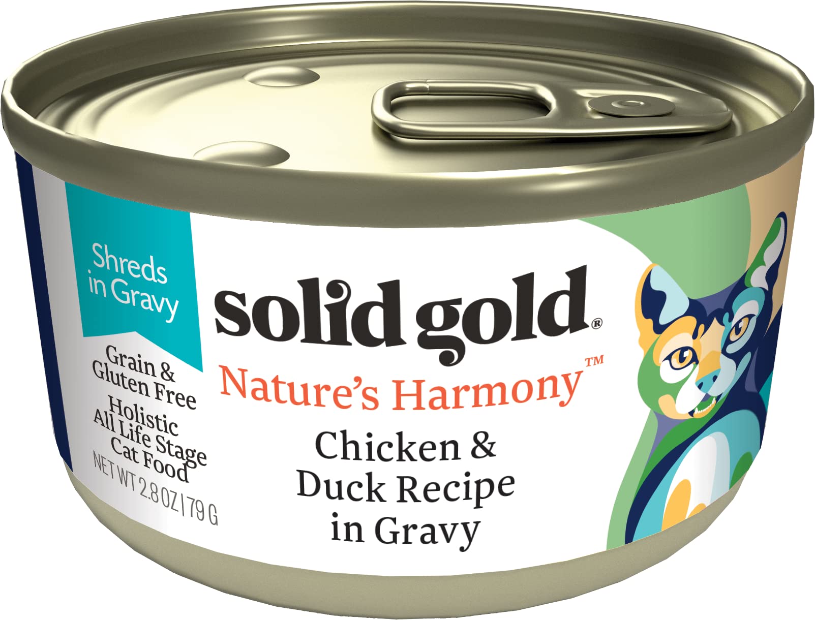 Solid Gold Canned Cat Food - Nature's Harmony Wet Cat Food Shreds in Gravy - Grain & Gluten Free Cat Wet Food Made with Real Chicken & Duck for Sensitive Stomach Support & Digestive Health - 24 Pack