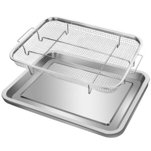 Air Fryer Basket for Oven 15 x 11 Inch Stainless Steel, Air Fryer Accessories Oven Rack and Crisper Tray, Bacon Cooker Broiler Pan for Oven, Bakeware Sets Oven Rack-2 Piece Large