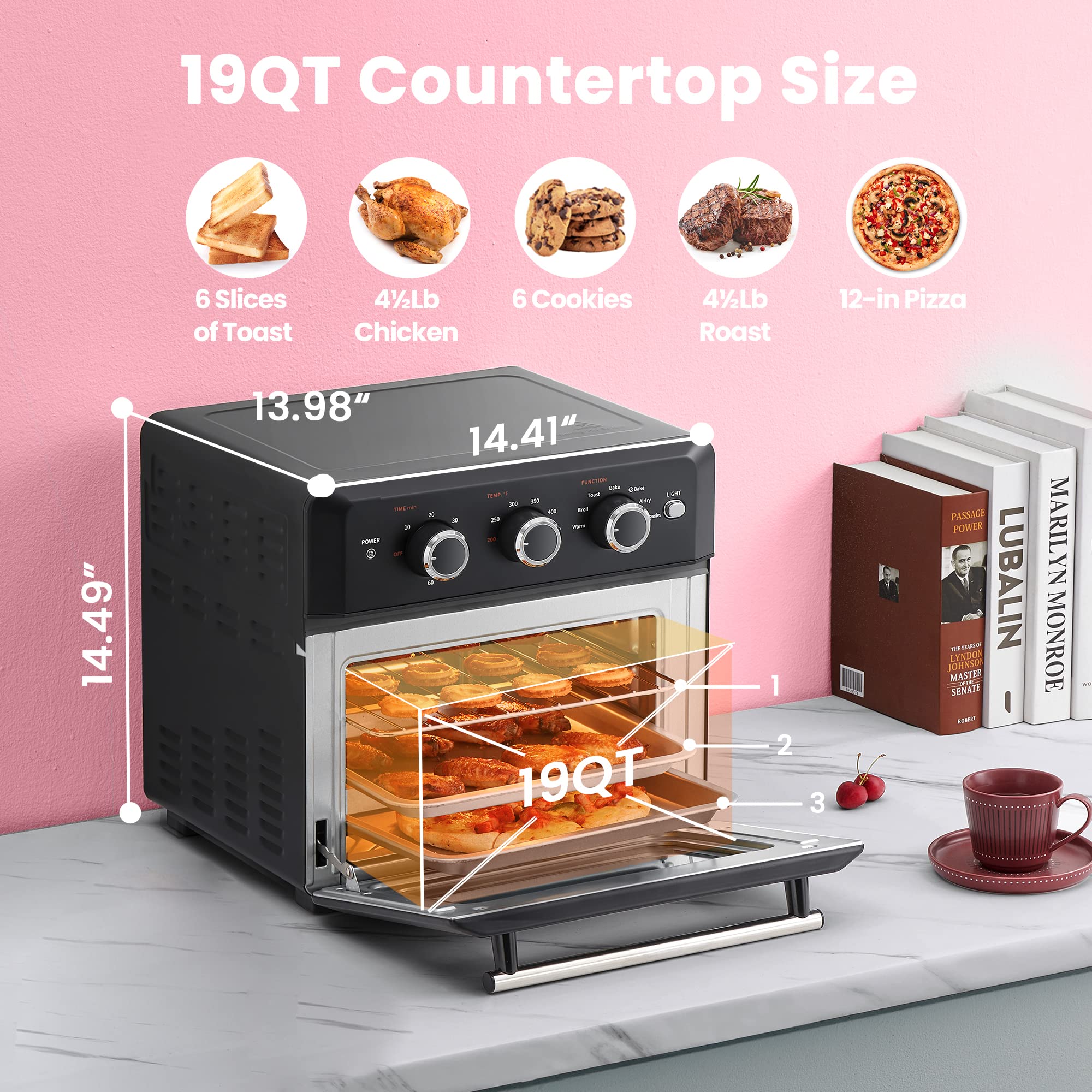 COMFEE' Retro Air Fry Toaster Oven, 7-in-1, 1500W, 19QT Capacity, 6 Slice, Rotisseries, Warm, Broil, Toast, Convection Bake, Black, Perfect for Countertop