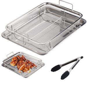 stainless steel air fryer basket for oven, air fryer crisper tray & basket with tongs, 12.8" x 9.6" x 2.3" oven air fry mesh basket set, oven air fryer basket set for chicken/roasting/french fry