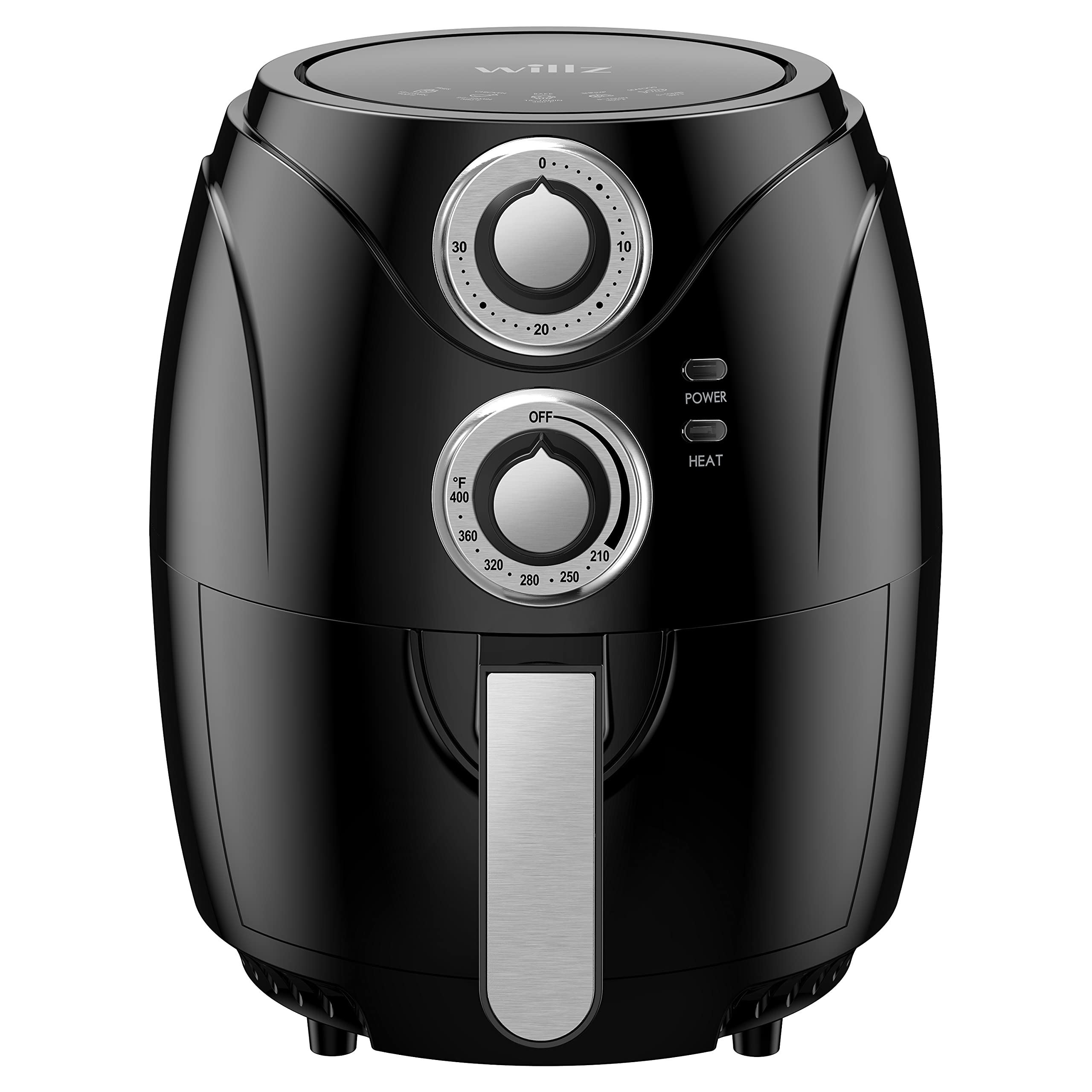 Willz Small Compact Electric Air Fryer Oil Free Quick Cook with Time & Temperature Control & Auto Shut Off Feature, Non-Stick Air Fry Basket, 2.6 Quart, 1200W, Black