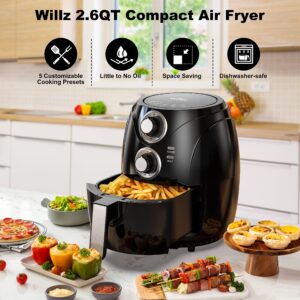 Willz Small Compact Electric Air Fryer Oil Free Quick Cook with Time & Temperature Control & Auto Shut Off Feature, Non-Stick Air Fry Basket, 2.6 Quart, 1200W, Black