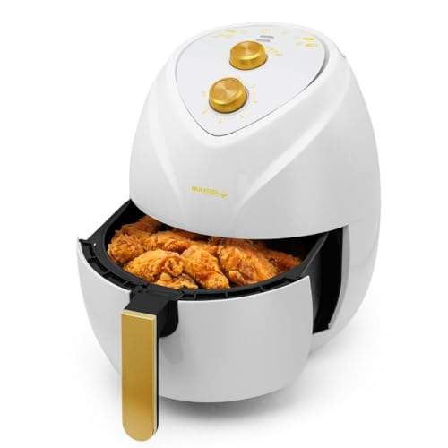 Holstein Housewares 4.8QT Air Fryer - Convenient and User Friendly with Optimal Cooking Functions to Fry, Bake, Grill and Roast, White and Gold Color. Golden Elegance